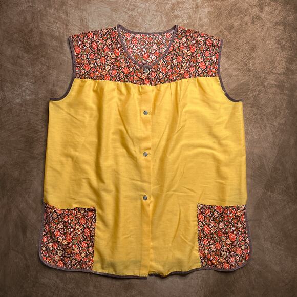 Vintage 60s Handmade Pinafore Apron Top Smock Tunic Floral Yellow Sleeveless - Picture 1 of 8